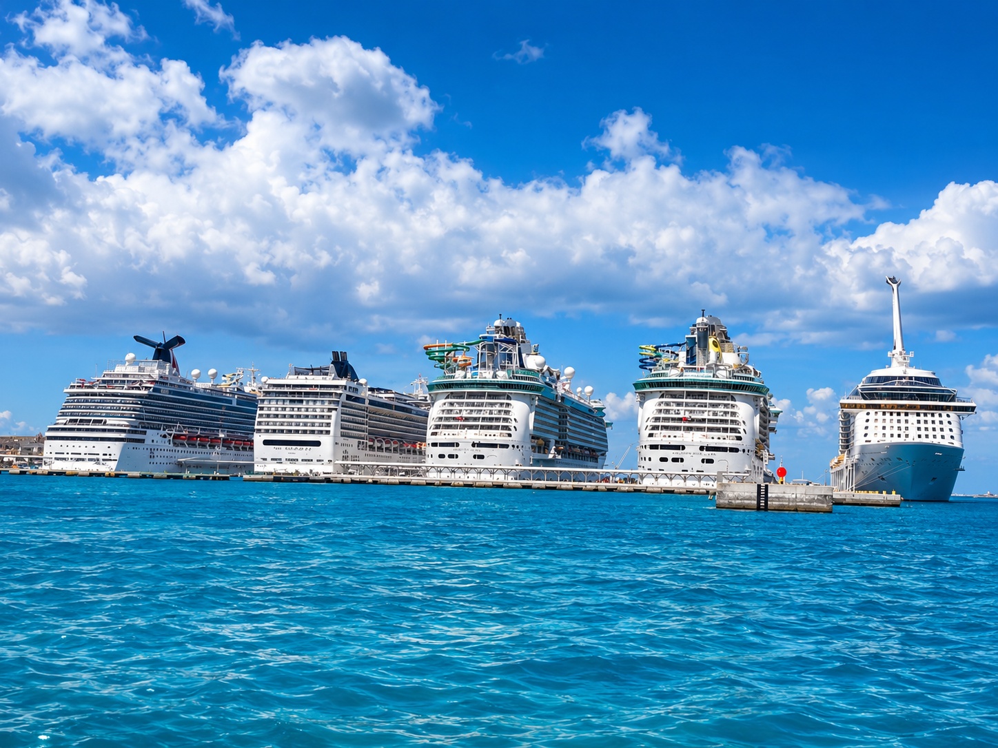Cruise ships docked in a tropical port